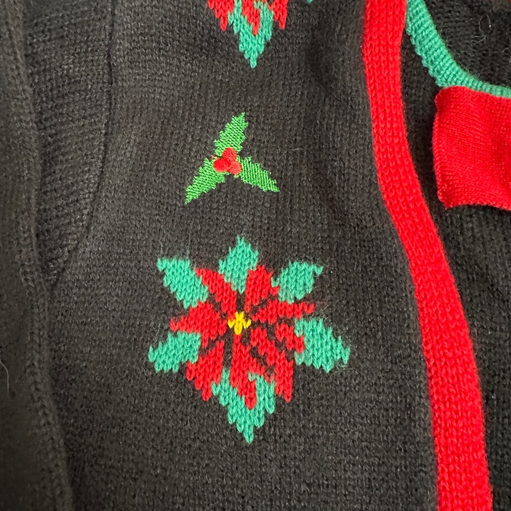 Jolly Sweaters - Men’s Ugly Christmas Sweater-Black w Bowtie, Pointsettia's - Picture 3 of 5
